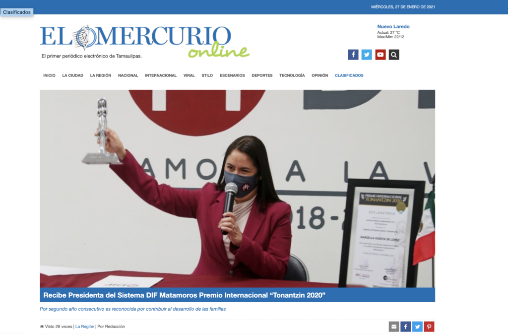 Recibe Presidenta del Sistema DIF, Premio Internacional Tonantzin 2020 - Instituto Mejores Gobernantes