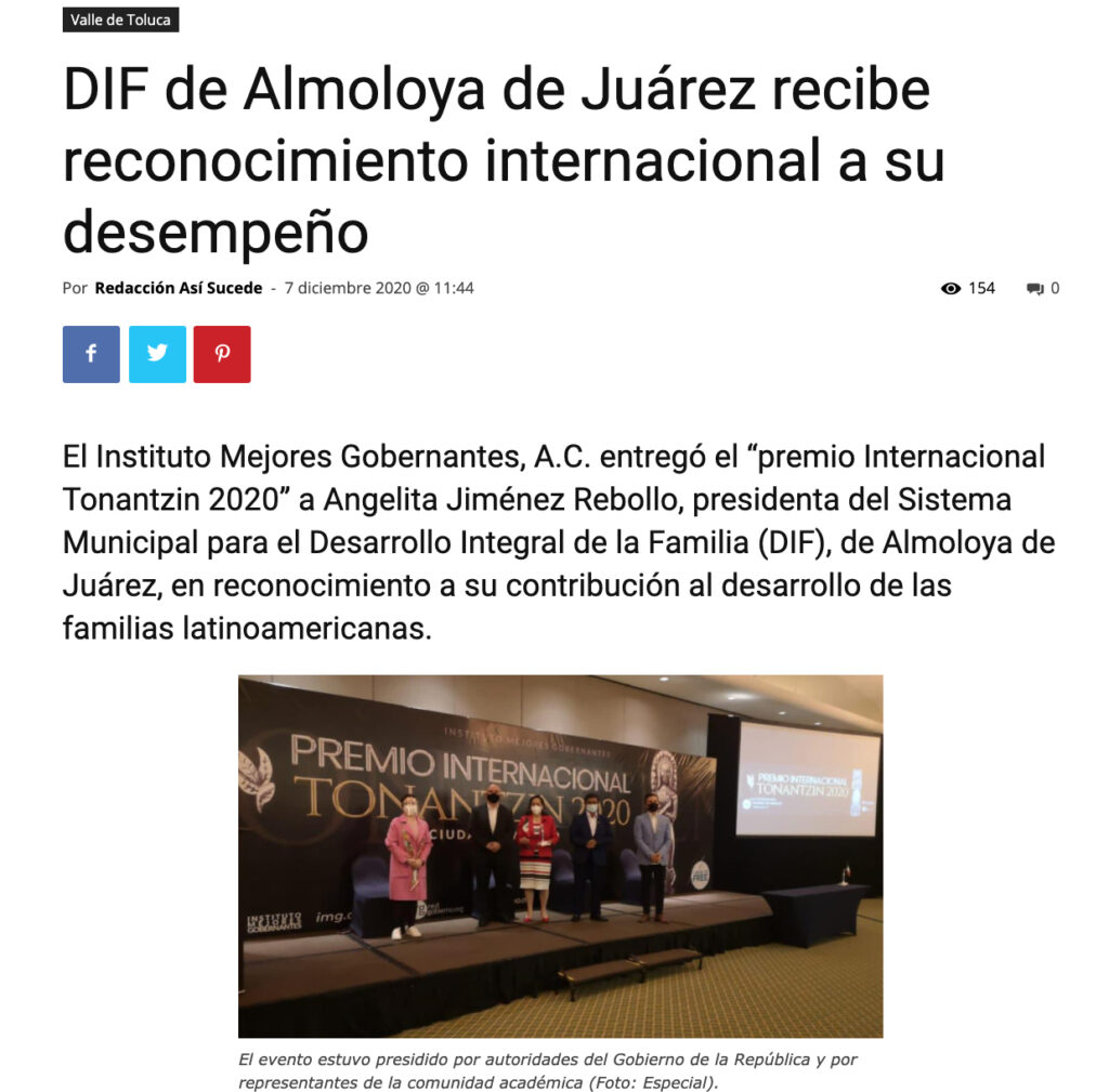 DIF de Almoloya de Juárez recibe reconocimiento internacional a su desempeño - Instituto Mejores Gobernantes