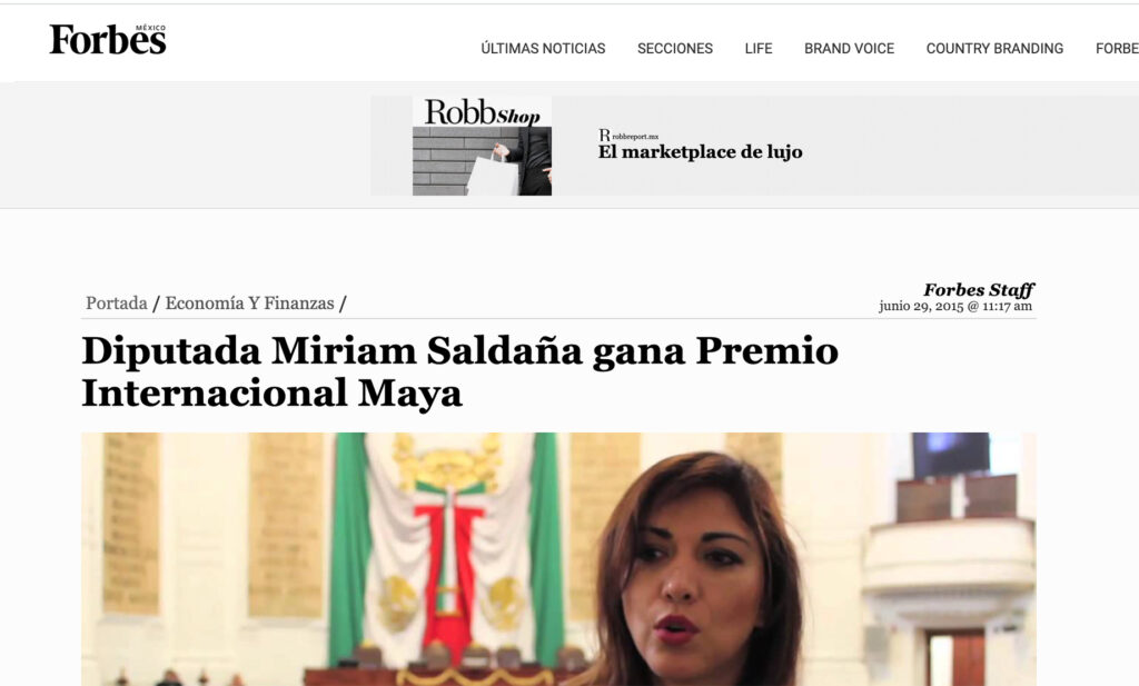 Forbes - Diputada Miriam Saldaña gana Premio Internacional Maya - Instituto Mejores Gobernantes