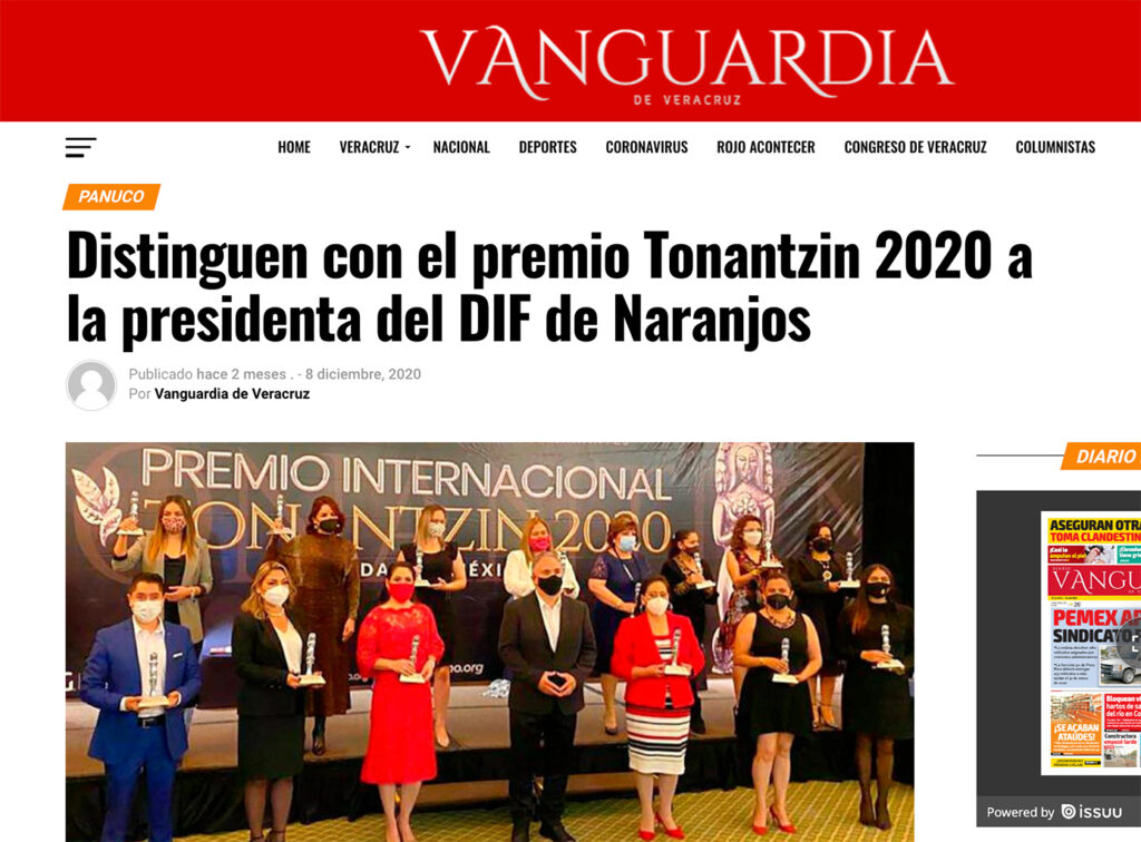 Distinguen con el Premio Internacional Tonantzin 2020 a la Presidenta del DIF de Naranjos. - Instituto Mejores Gobernantes