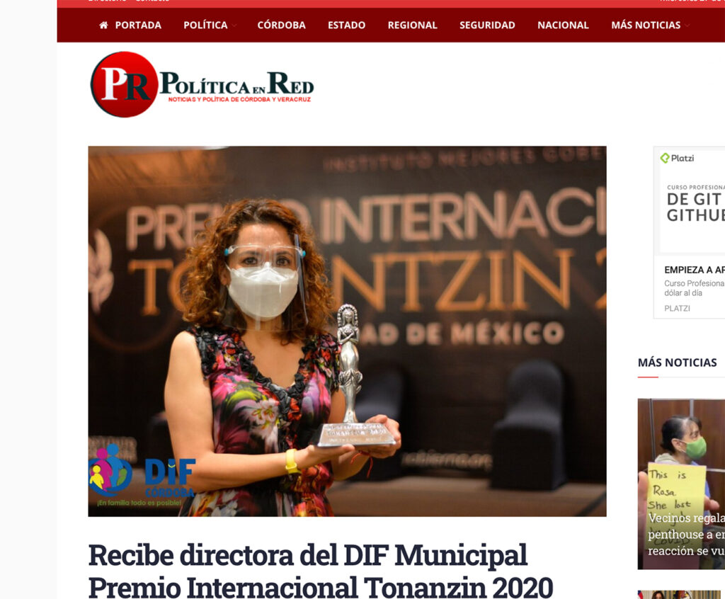 Recibe directora del DIF Municipal Premio Internacional Tonanzin 2020 - Instituto Mejores Gobernantes