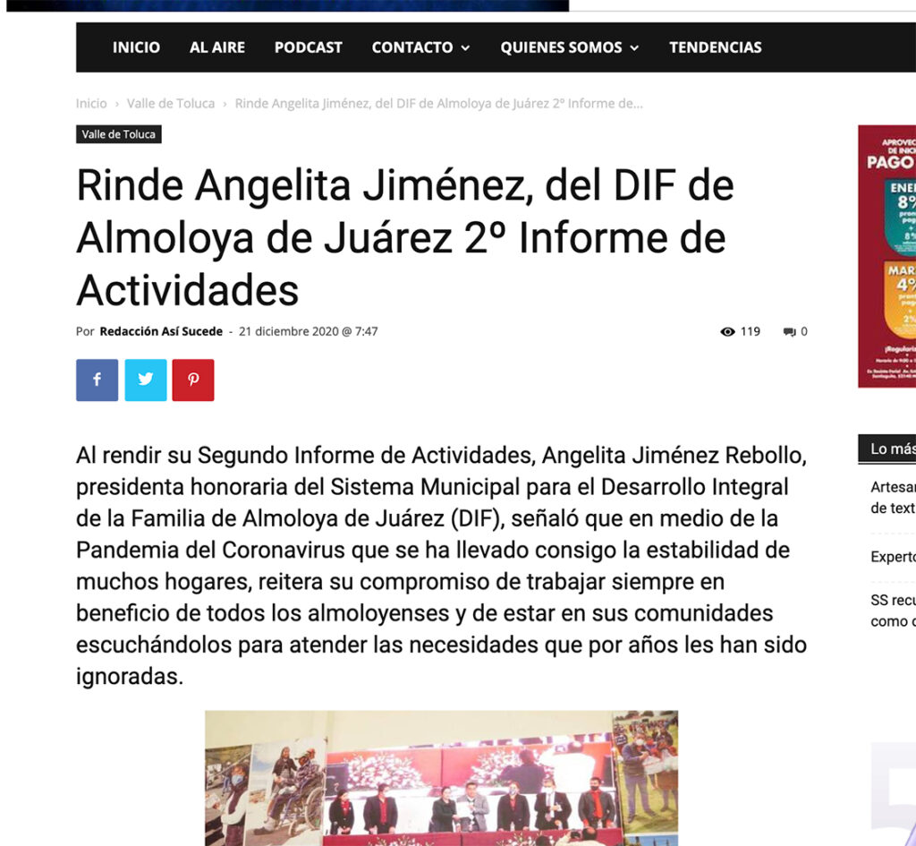 Rinde Angelita Jiménez, del DIF de Almoloya de Juárez 2º Informe de Actividades - Instituto Mejores Gobernantes