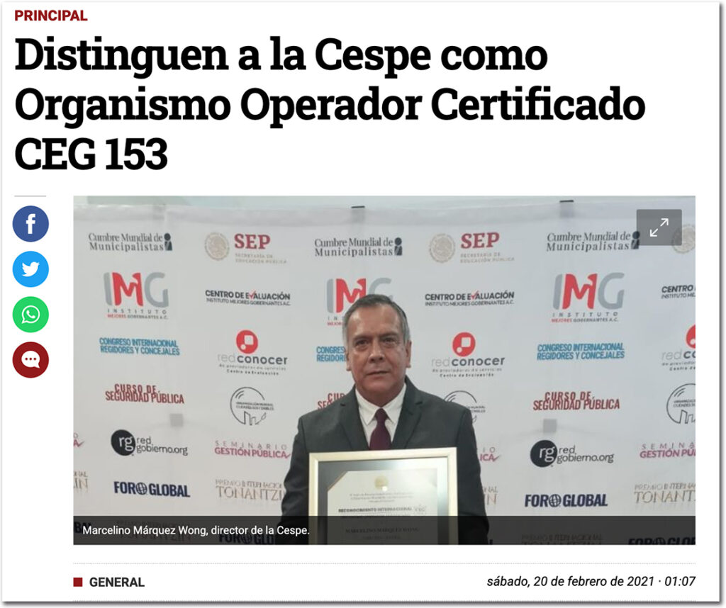 Distinguen a la Cespe como Organismo Operador Certificado CEG 153 - Centro de Evaluación del Instituto Mejores Gobernantes