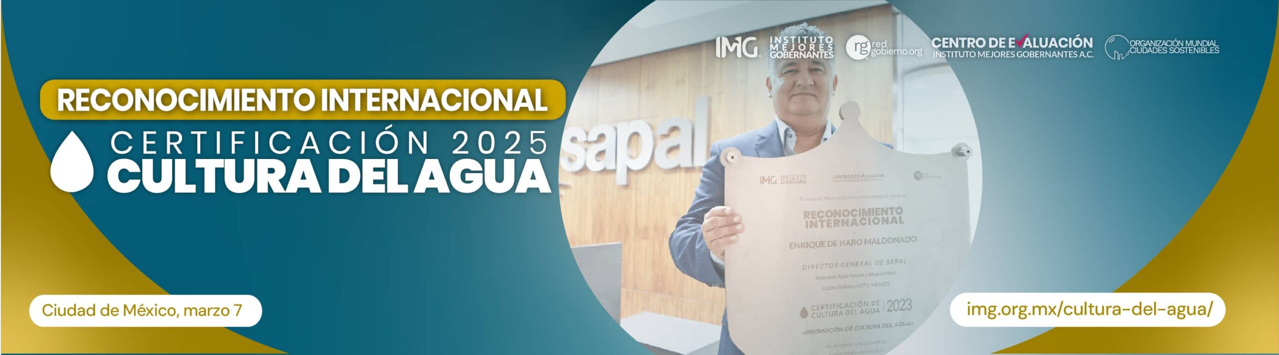 Reconocimiento Internacional Certificación Cultura del Agua 2025 - Instituto Mejores Gobernantes, Red Gobierno, Organización Mundial de Ciudades Sostenibles, Centro de Evaluación del Instituto Mejores Gobernantes